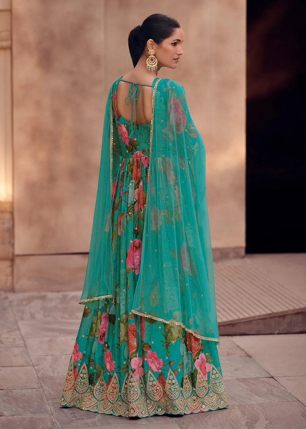 Aqua Green Digital Printed Designer Anarkali Gown