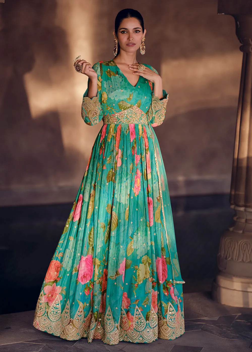 Aqua Green Digital Printed Designer Anarkali Gown