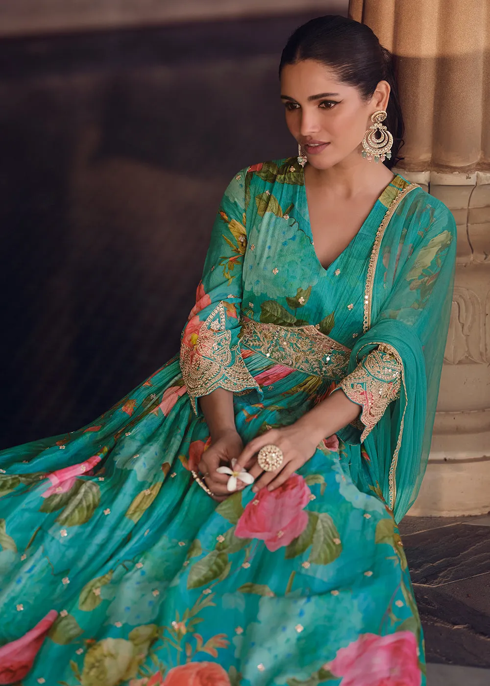 Aqua Green Digital Printed Designer Anarkali Gown