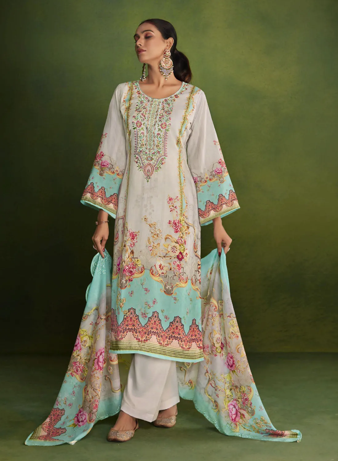 Belliza Grey Cotton Pakistani Print Unstitched Women Suit Material