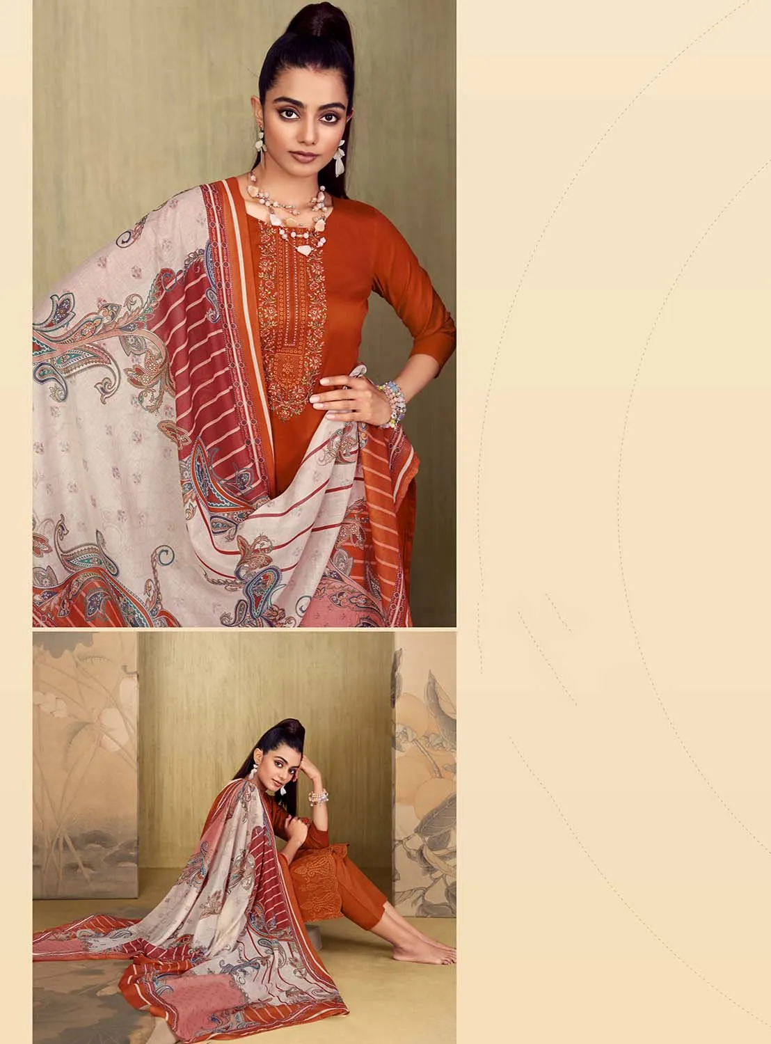 Belliza Unstitched Orange Cotton Suit Dress Material with Embroidery