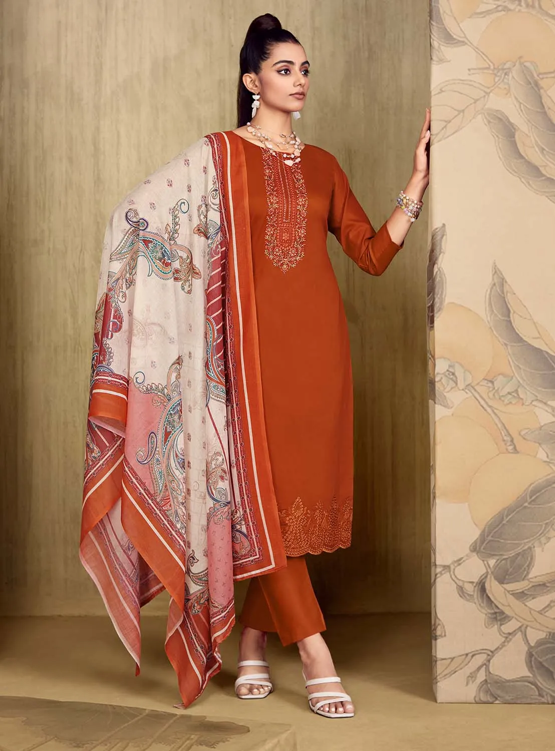 Belliza Unstitched Orange Cotton Suit Dress Material with Embroidery