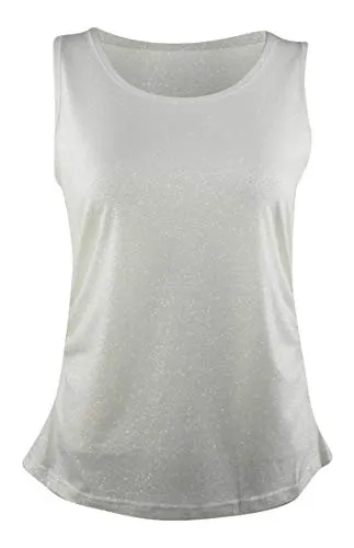 Berek White Glitter Glam, Scoop Neck Sleeveless Glitter Accented Shirred Tank Top