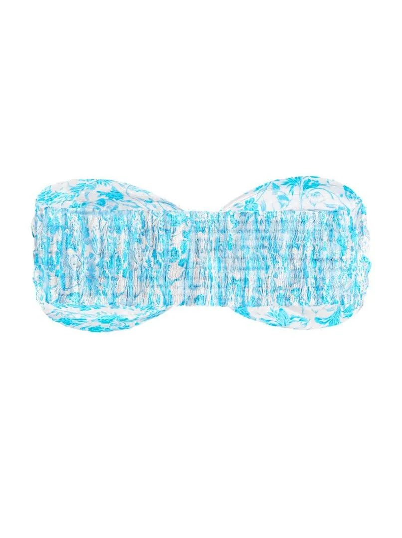 Bia Printed Twist Front Silk Bandeau Bra Top - Porcelain