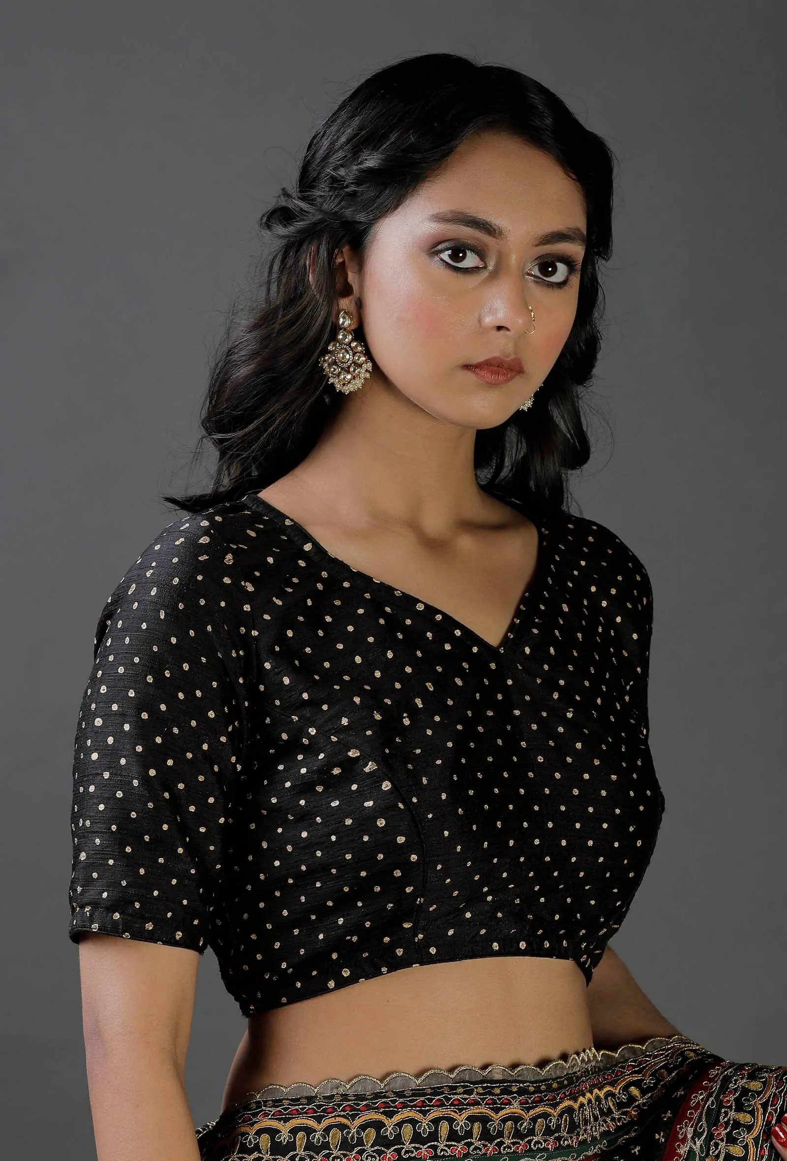 Black Raw Silk Block Printed Blouse