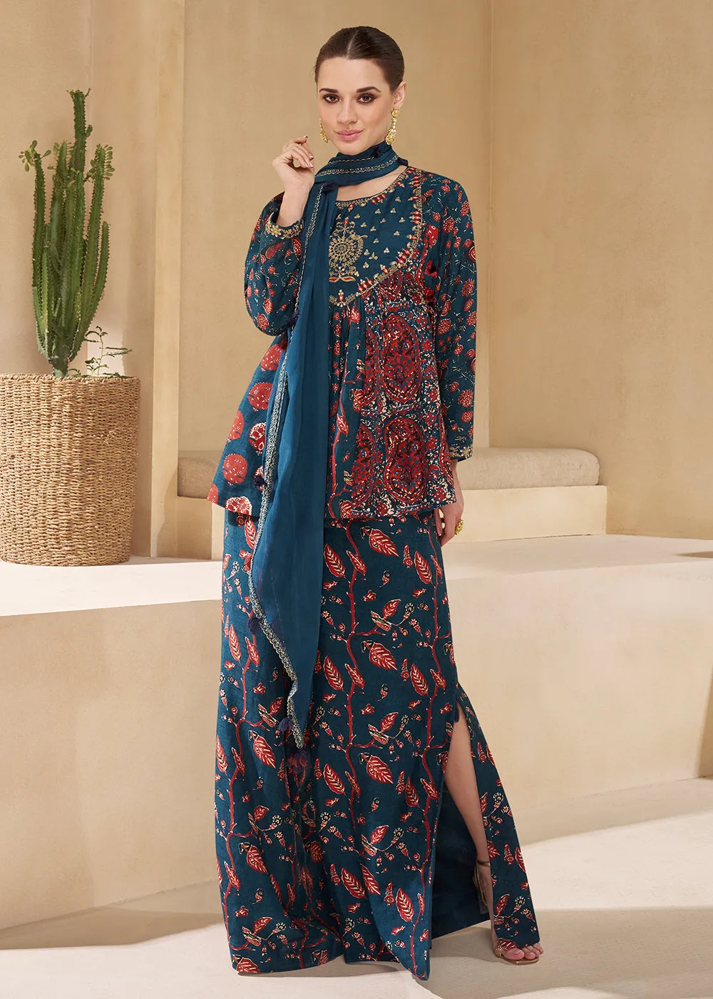 Blue Digital Printed & Embroidered Party Style Sharara Suit