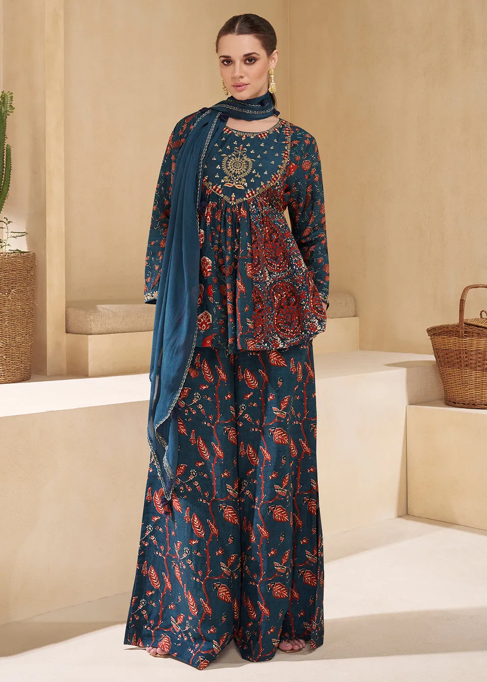 Blue Digital Printed & Embroidered Party Style Sharara Suit