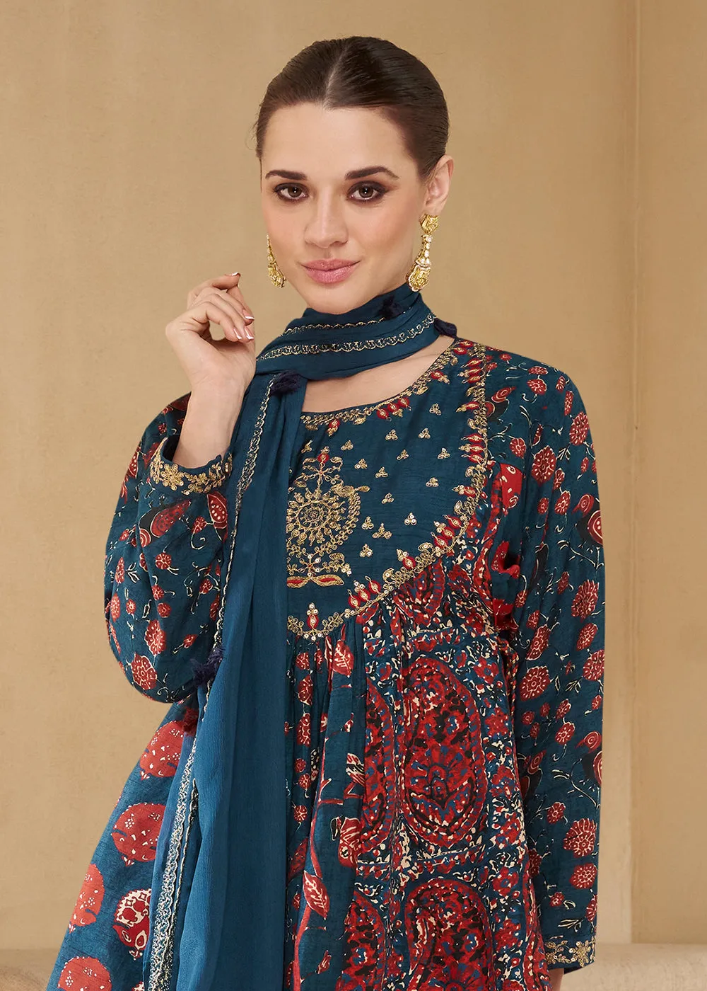 Blue Digital Printed & Embroidered Party Style Sharara Suit