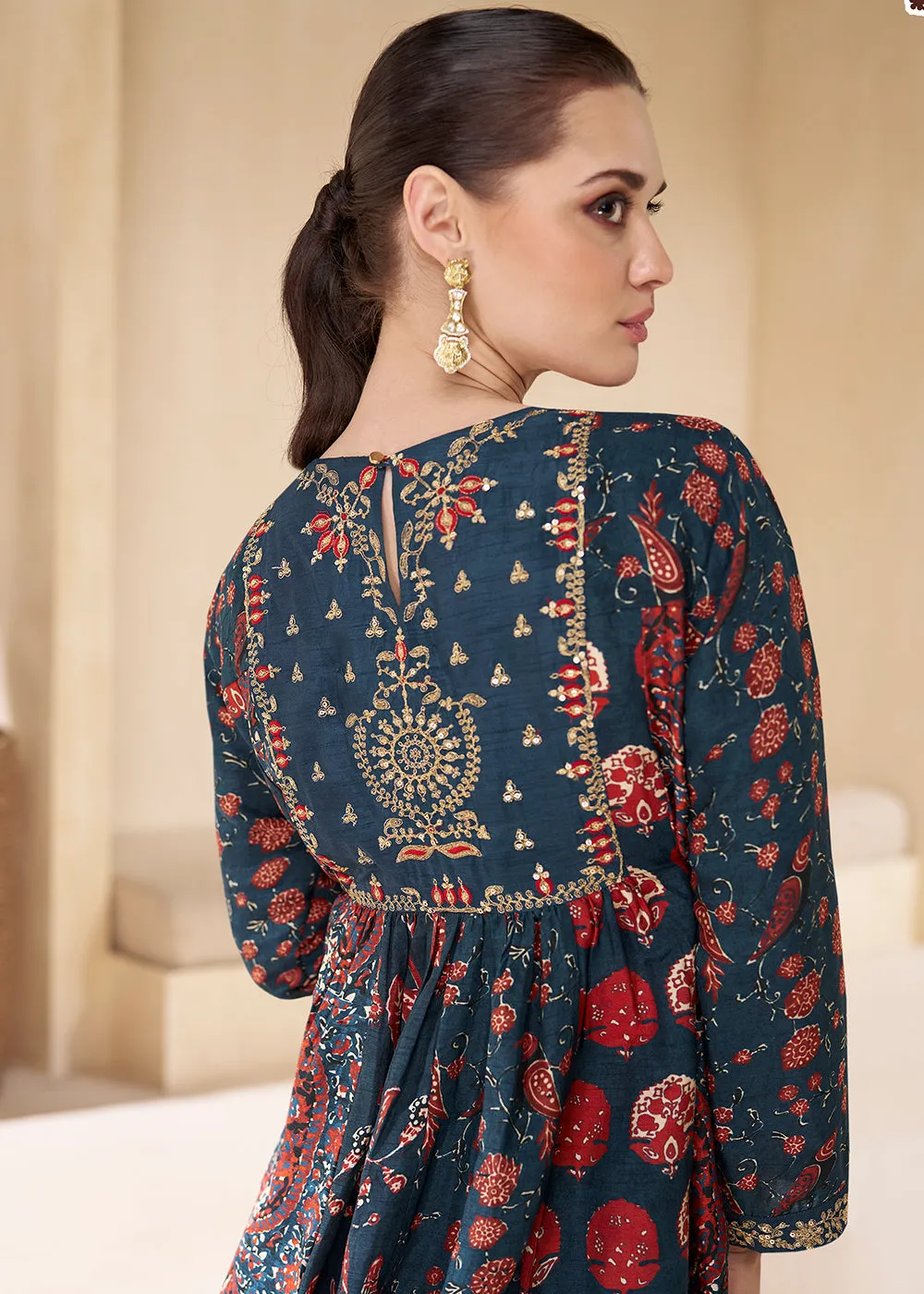 Blue Digital Printed & Embroidered Party Style Sharara Suit