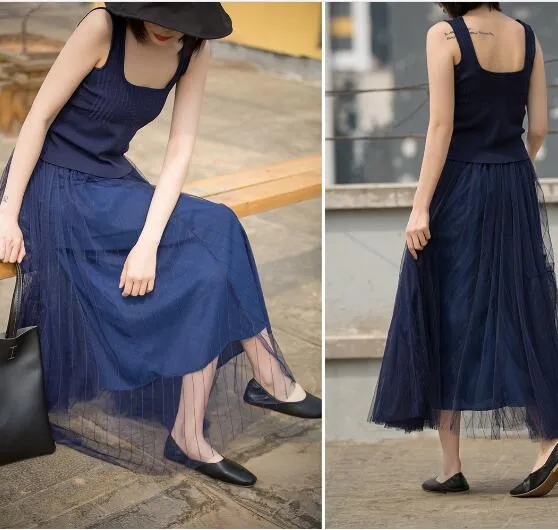 Blue Women Tutu Skirts Long Chiffon Gauze Summer Women Skirts