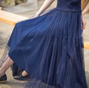 Blue Women Tutu Skirts Long Chiffon Gauze Summer Women Skirts