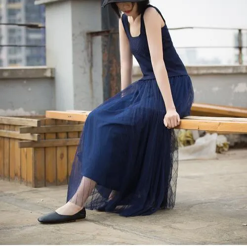 Blue Women Tutu Skirts Long Chiffon Gauze Summer Women Skirts