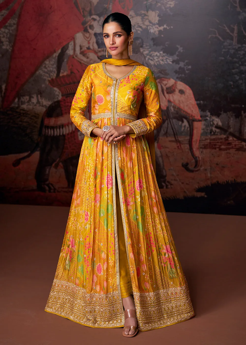 Bright Mustard Printed & Embroidered Wedding Anarkali Dress