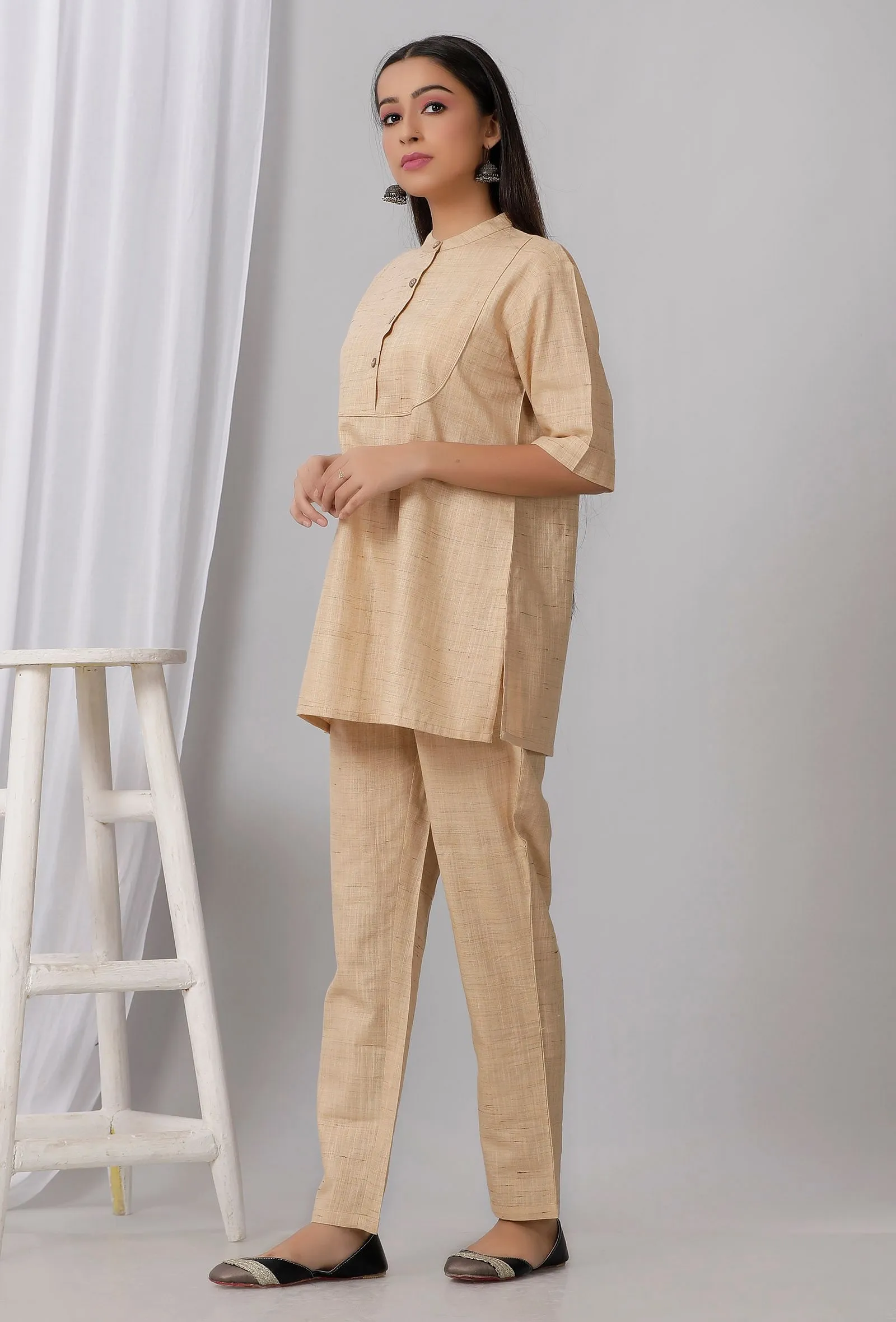 Brown Cotton Khadi Short Kurta