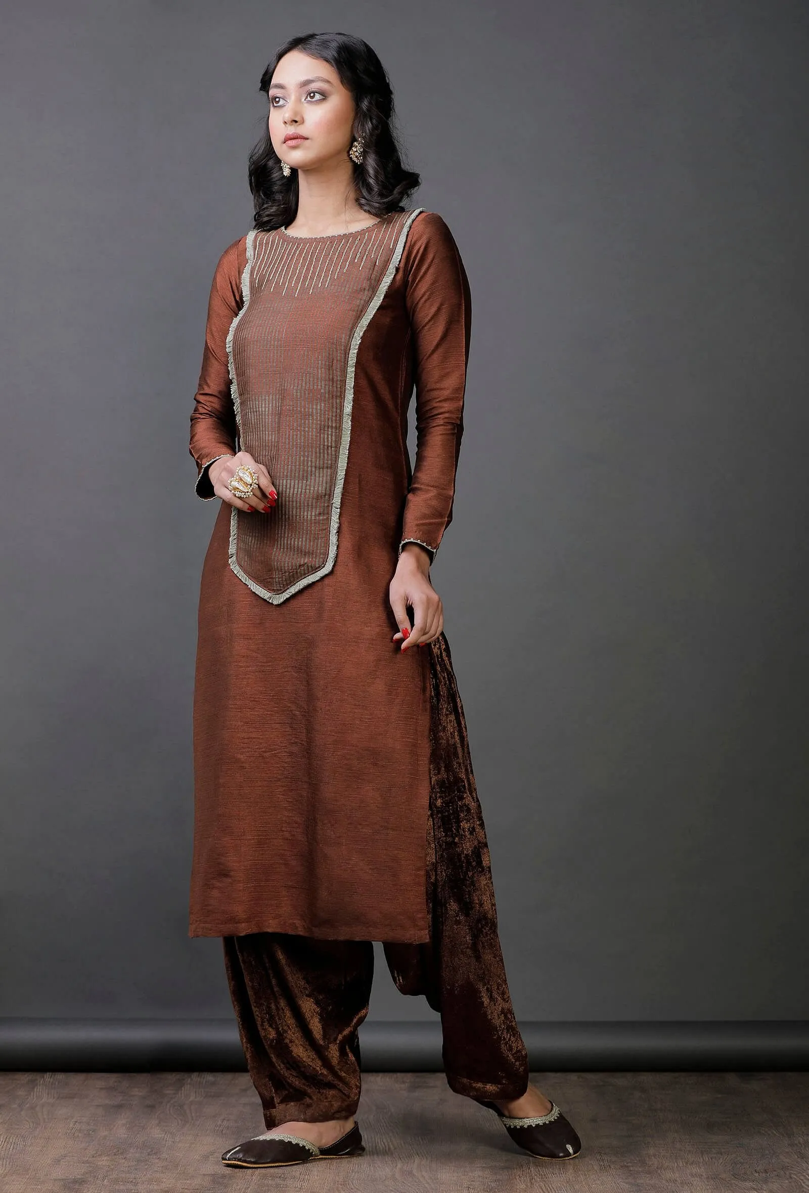 Brown Raw Silk  stripes block printed Kurta