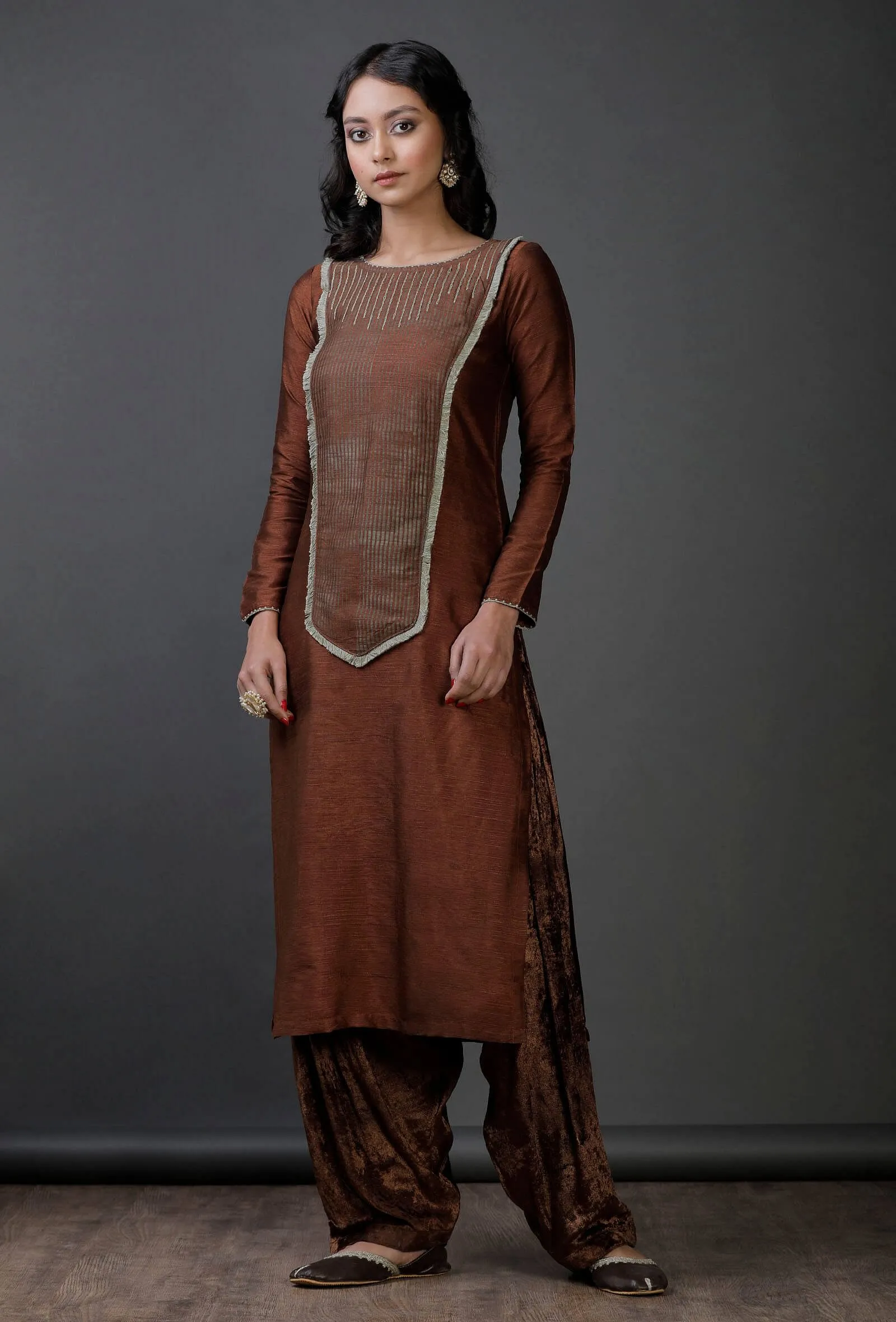 Brown Raw Silk  stripes block printed Kurta