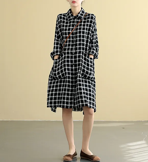 Checked  Summer  Linen Spring Women loose Shirts Dresses DZA05095