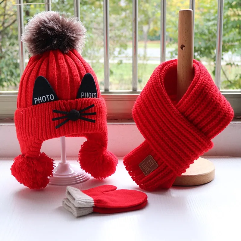 Children's hat scarf gloves three-piece set Boys and girls lovely knitted woollen hats Baby wool hat scarf  Lovely thick hat