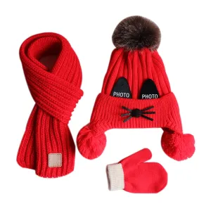 Children's hat scarf gloves three-piece set Boys and girls lovely knitted woollen hats Baby wool hat scarf  Lovely thick hat