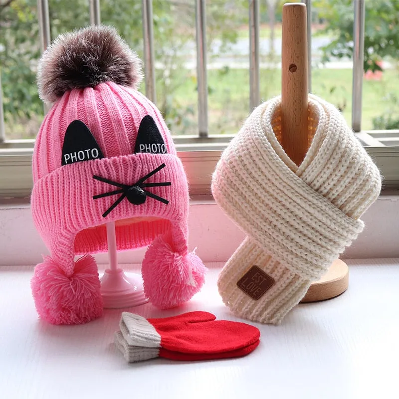 Children's hat scarf gloves three-piece set Boys and girls lovely knitted woollen hats Baby wool hat scarf  Lovely thick hat