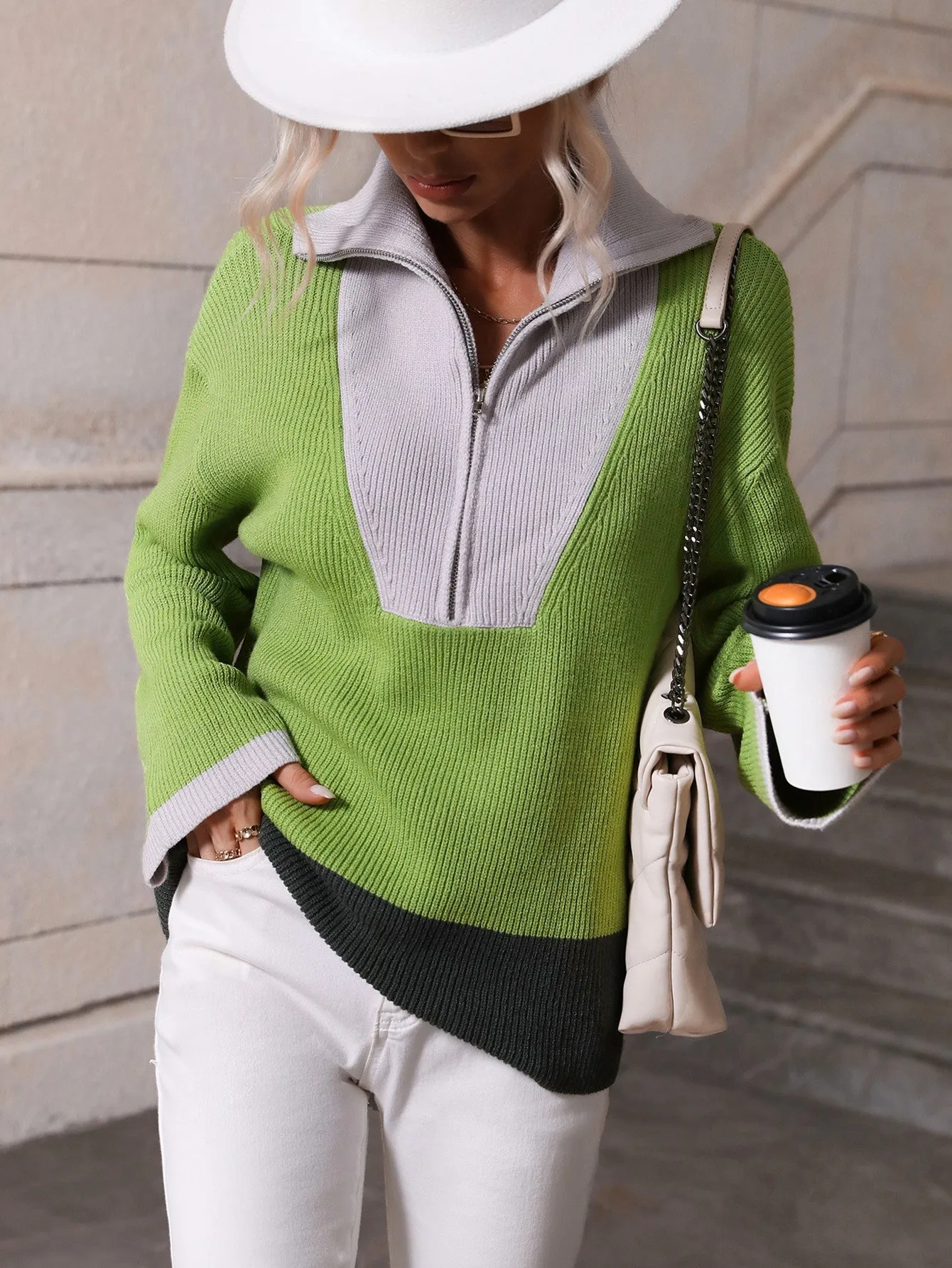 Color Block Half-Zip Dropped Shoulder Knit Pullover