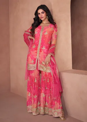 Coral & Pink Real Georgette Printed Gharara Suit