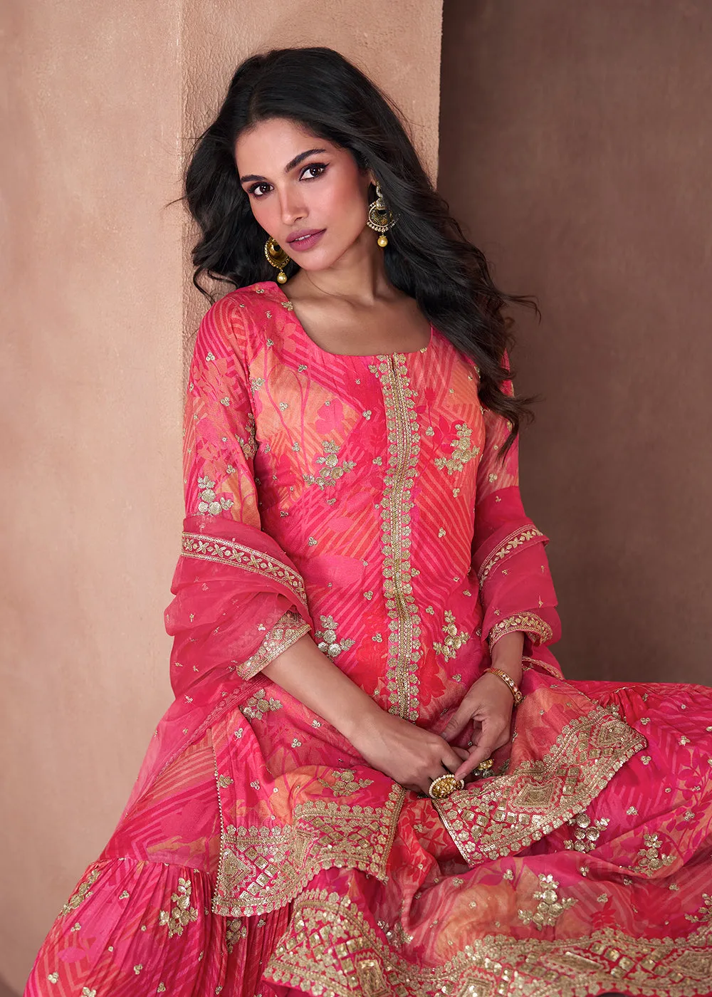 Coral & Pink Real Georgette Printed Gharara Suit