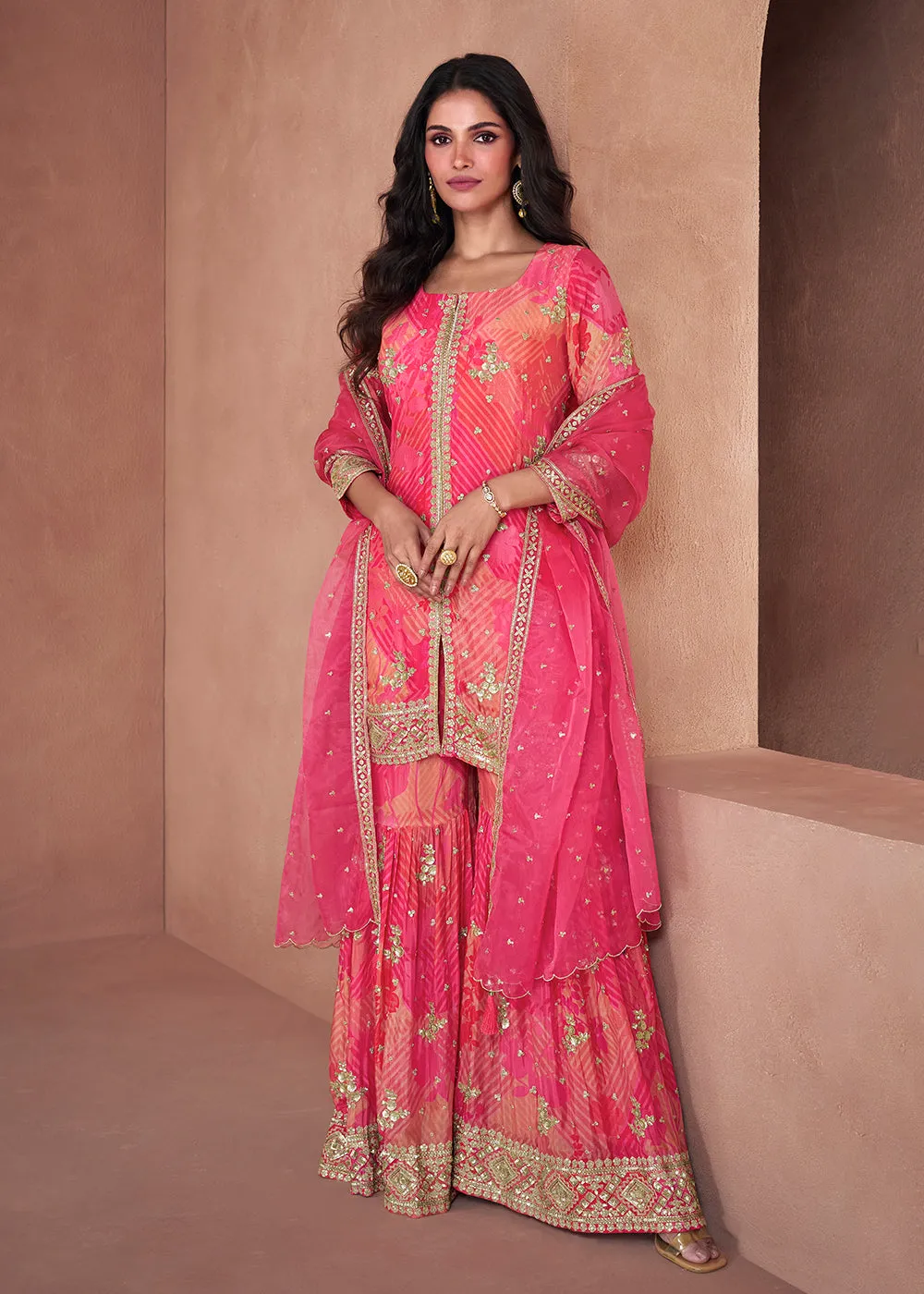 Coral & Pink Real Georgette Printed Gharara Suit