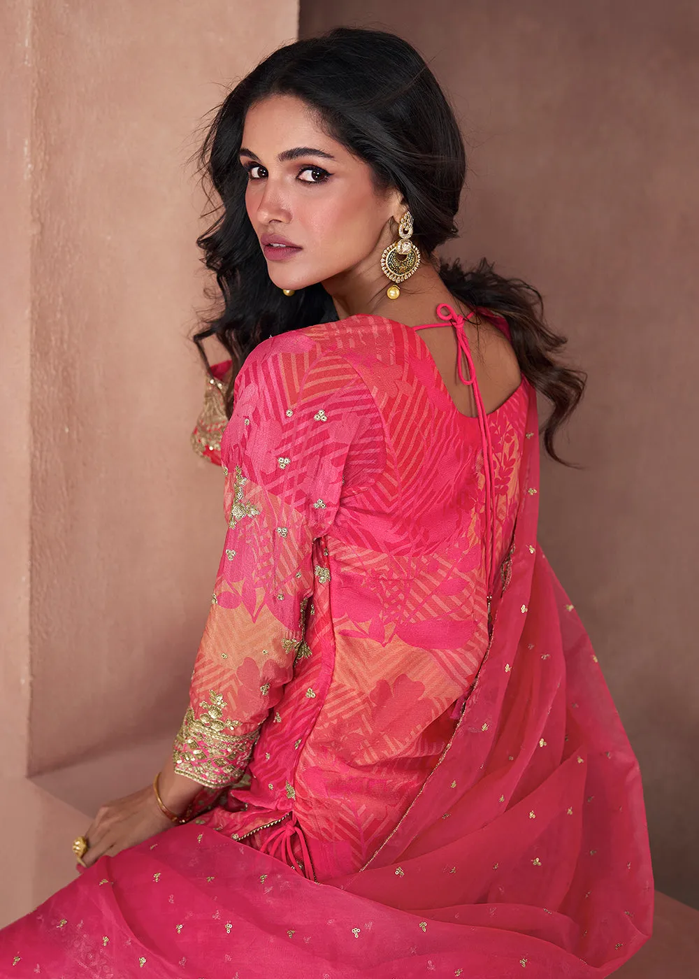 Coral & Pink Real Georgette Printed Gharara Suit