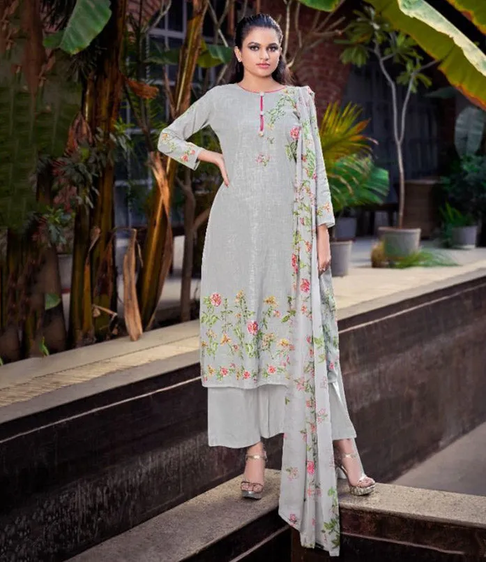 Cotton Linen Printed Grey Dress Materials with Chiffon Dupatta