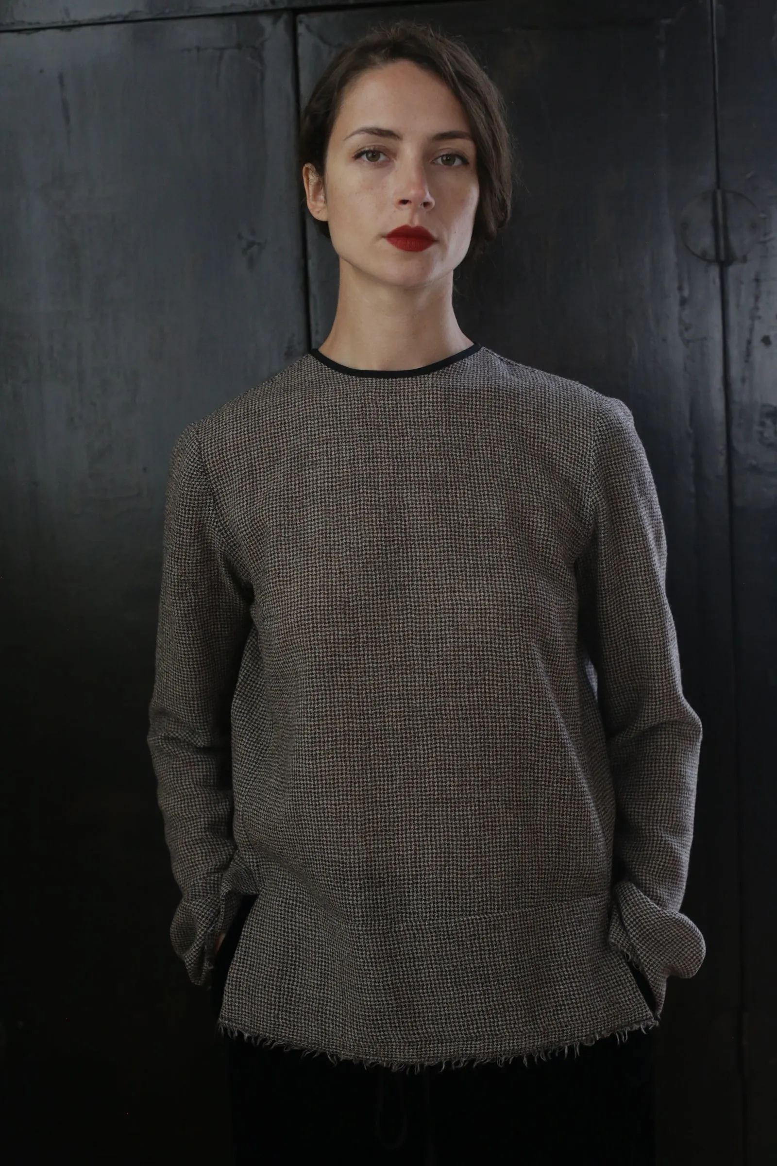 Crewneck shirt - Japanese Wool Gauze | Brown Houndstooth