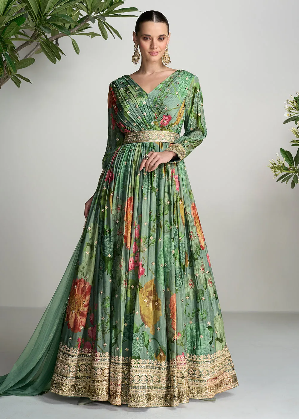 Digital Printed & Mirror Embroidered Anarkali Gown in Green