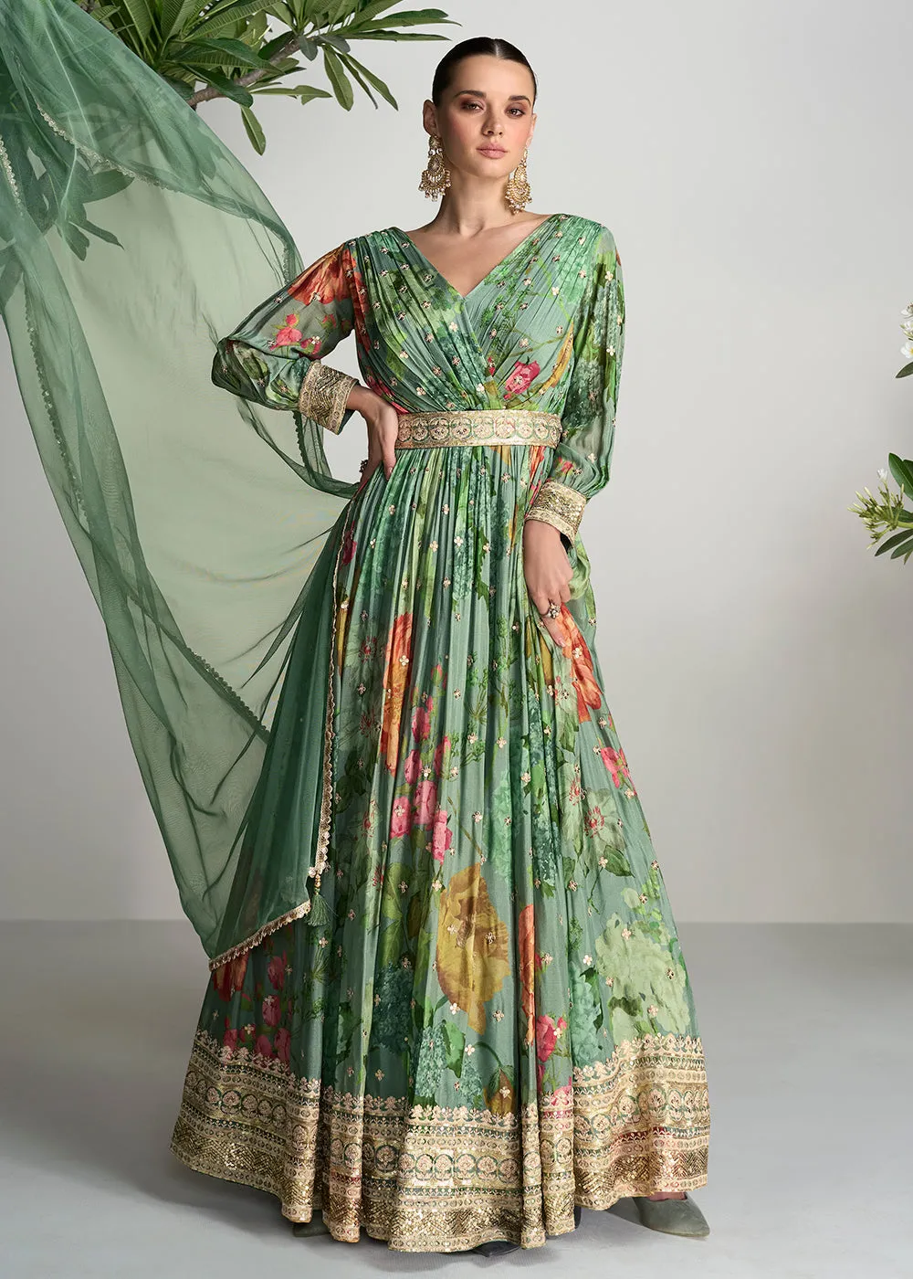 Digital Printed & Mirror Embroidered Anarkali Gown in Green