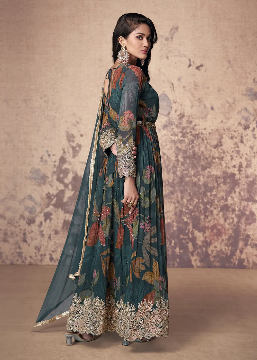 Digital Printed & Zari Embroidered Anarkali Suit in Teal