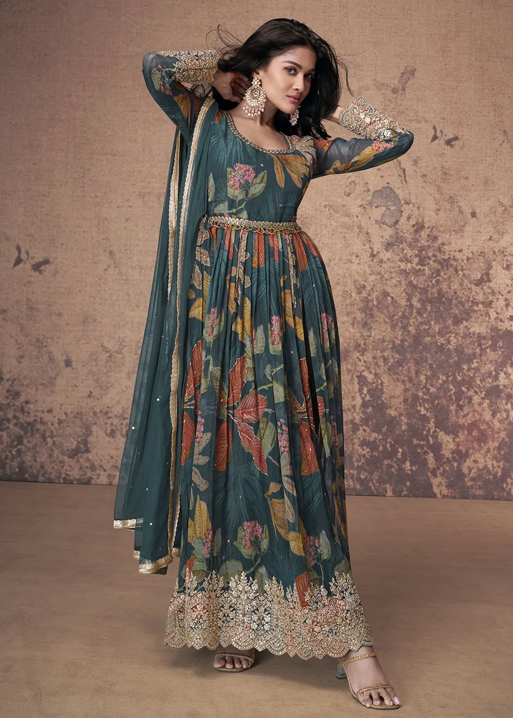 Digital Printed & Zari Embroidered Anarkali Suit in Teal