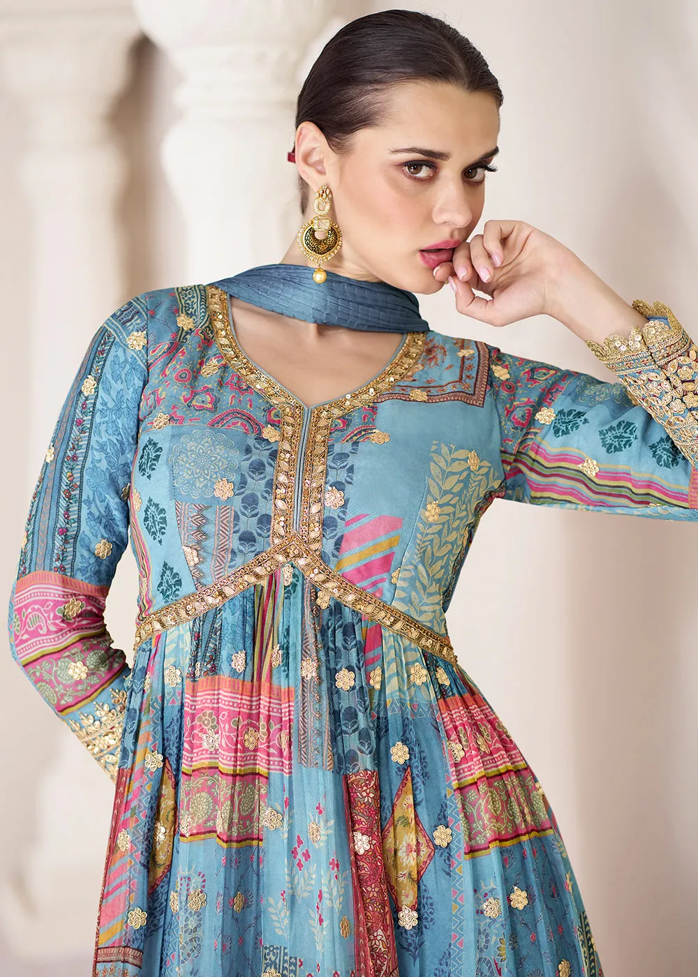 Digital Printed Aqua Blue Premium Organza Silk Anarkali Suit