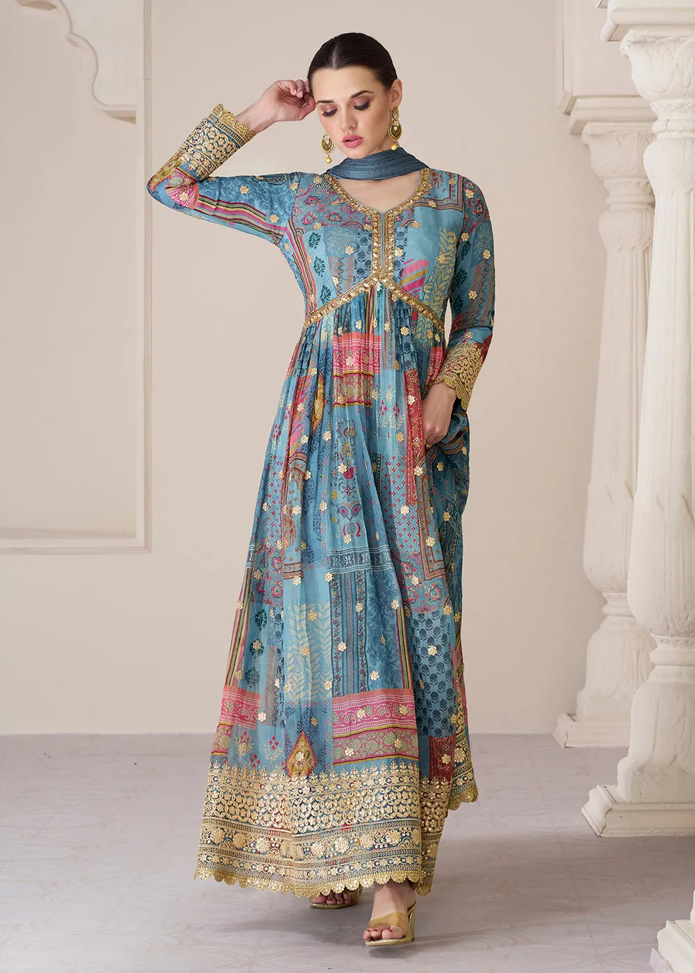 Digital Printed Aqua Blue Premium Organza Silk Anarkali Suit