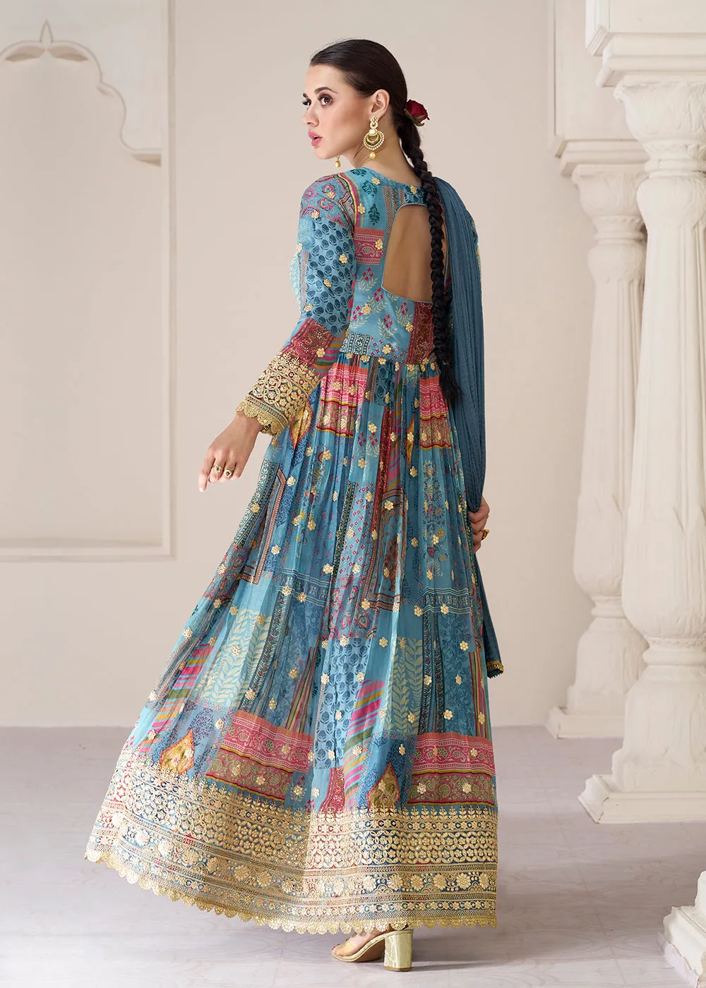 Digital Printed Aqua Blue Premium Organza Silk Anarkali Suit