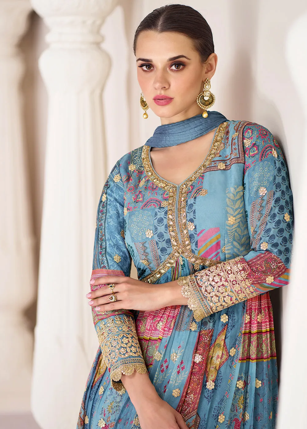 Digital Printed Aqua Blue Premium Organza Silk Anarkali Suit