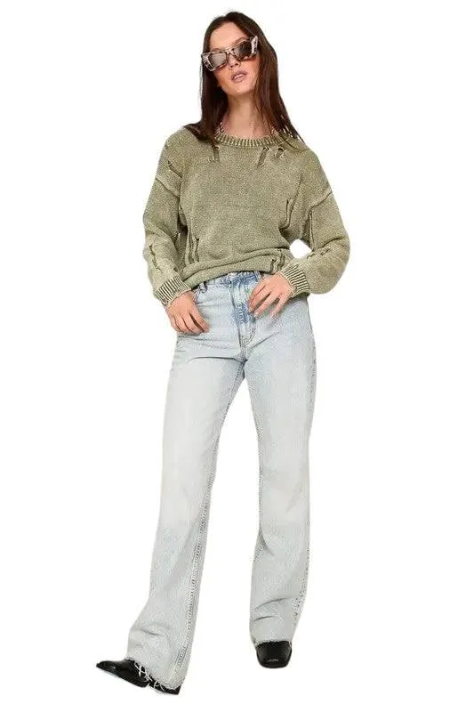 Distressed mineral wash cotton sweater