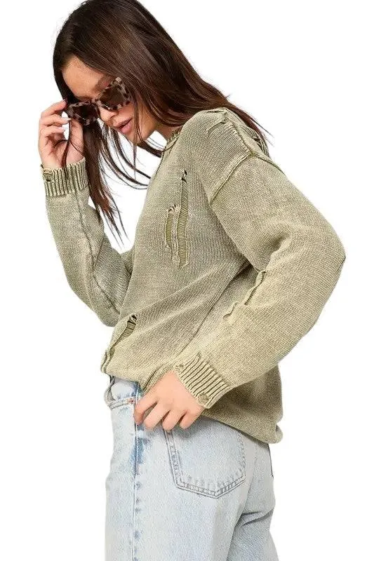 Distressed mineral wash cotton sweater