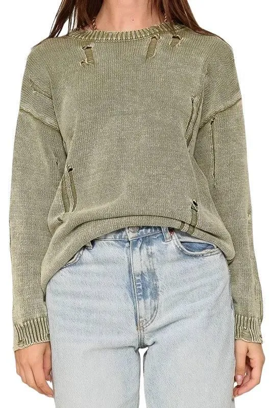 Distressed mineral wash cotton sweater