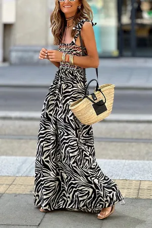 Ethnic Printed Smocked Shoulder Tie Maxi Dress