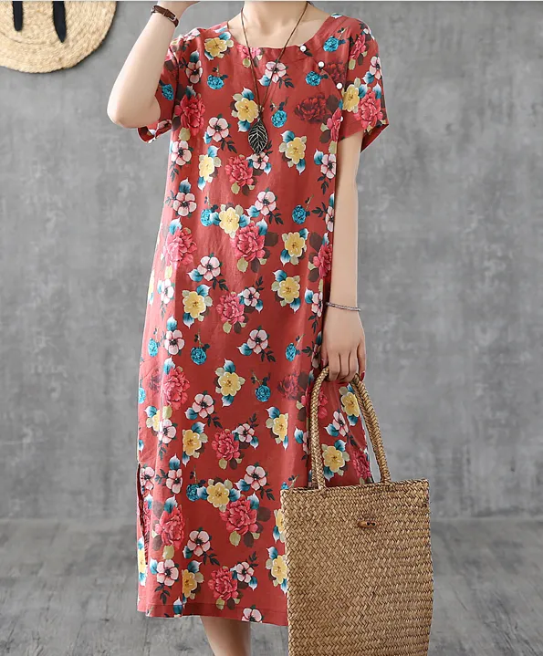 Floral Long Sleeve Summer Spring Linen Women loose Dresses DZA20663