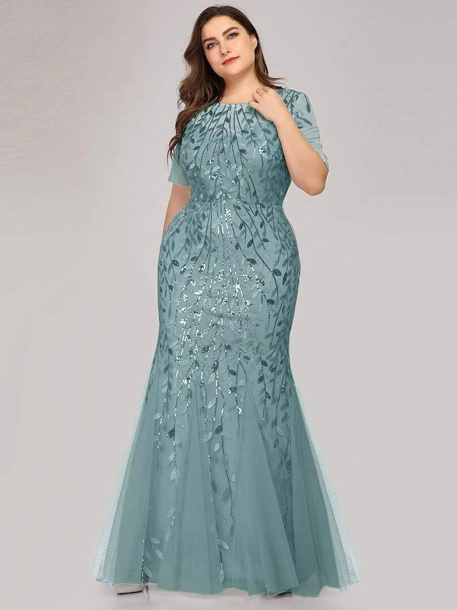 Floral Sequin Maxi Fishtail Tulle Prom Dress with Half Sleeve