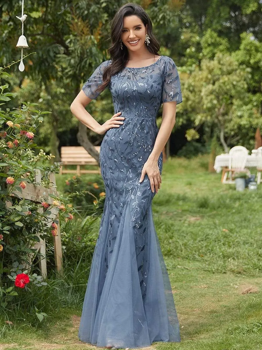 Floral Sequin Maxi Fishtail Tulle Prom Dress with Half Sleeve