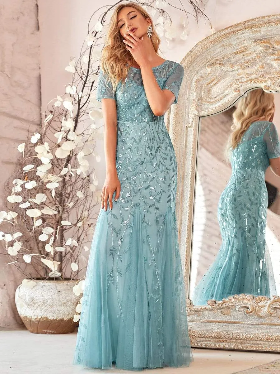 Floral Sequin Maxi Fishtail Tulle Prom Dress with Half Sleeve