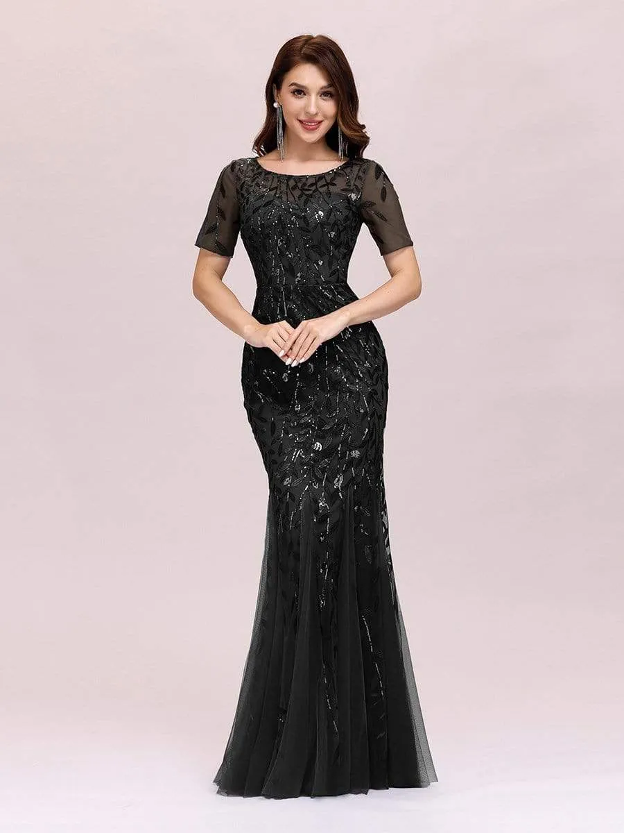 Floral Sequin Maxi Fishtail Tulle Prom Dress with Half Sleeve