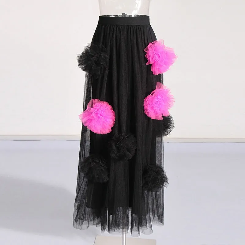 Flower Mesh High Waist Long Skirt