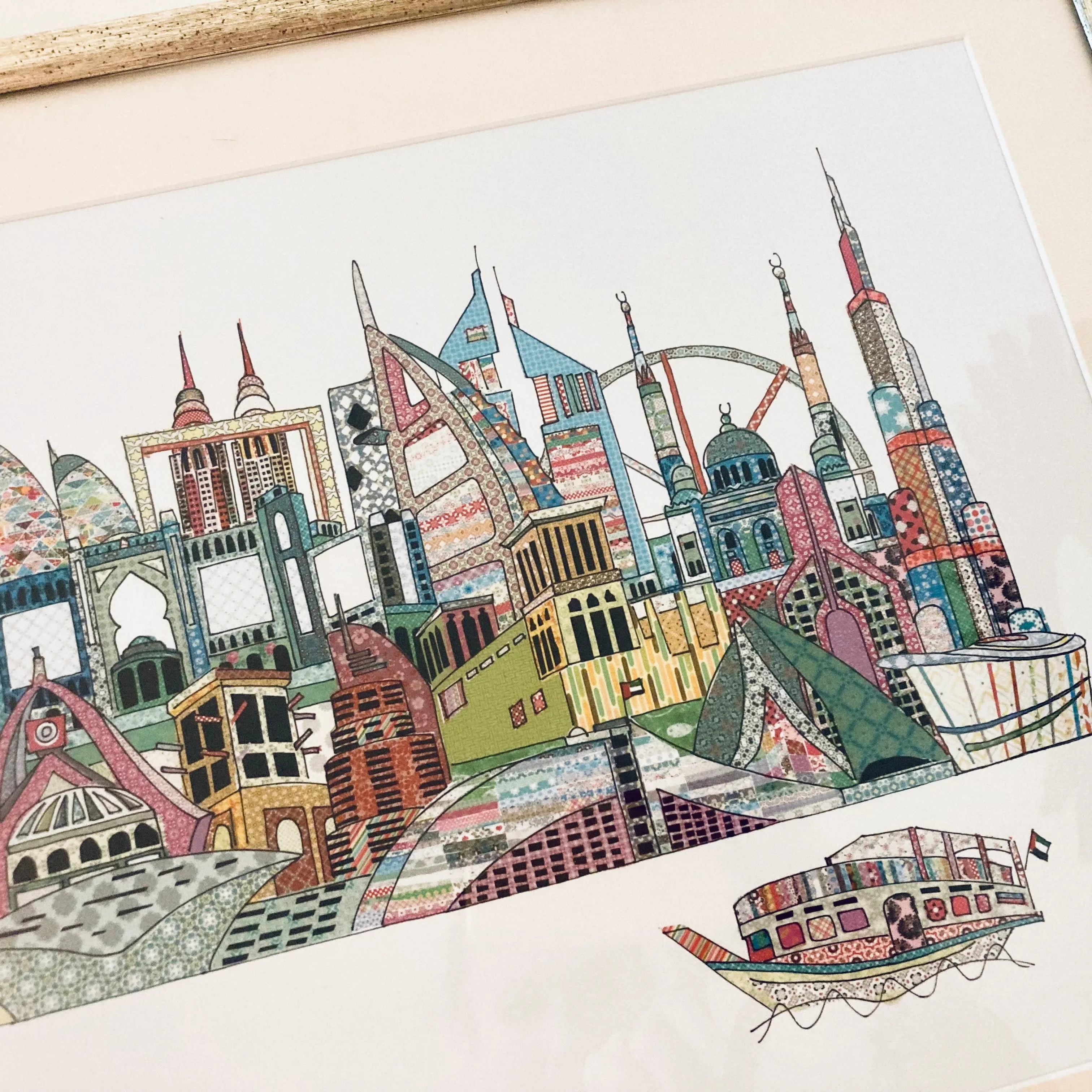 Framed Patchwork Dubai Skyline Art Print - Coloured